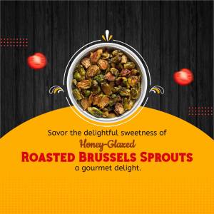 Close-up of honey glazed roasted brussels sprouts in a white bowl with decorative elements.