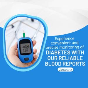 Hand holding a blood glucose meter displaying a high reading, promoting diabetes monitoring services.