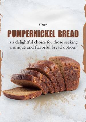 Sliced pumpernickel bread on a textured background with text promoting it as a delightful choice.