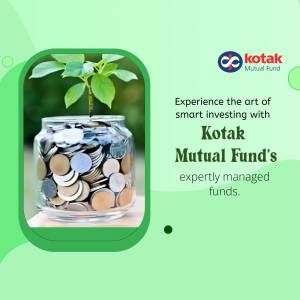 A glass jar filled with coins with a small plant growing from the coins, promoting Kotak Mutual Fund.