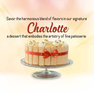 A beautifully presented Charlotte dessert cake on a silver stand.