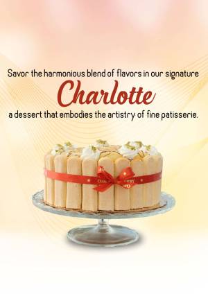 A beautifully presented Charlotte dessert cake on a silver stand.