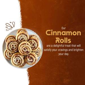 A plate of freshly baked cinnamon rolls with a promotional text overlay.