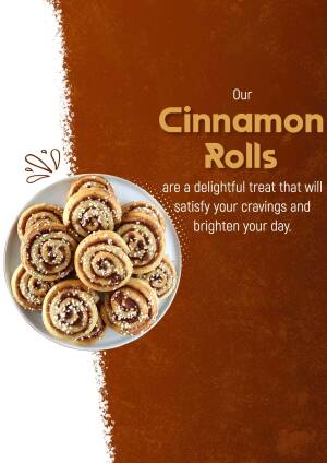 A plate of freshly baked cinnamon rolls with a promotional text overlay.