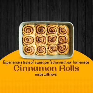 A rectangular baking pan filled with freshly baked cinnamon rolls, with a yellow background and text promoting them.