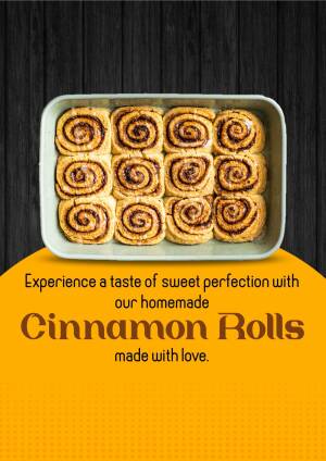 A baking pan filled with freshly baked cinnamon rolls, with a yellow background and text promoting them.