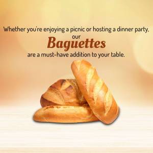 Close-up of golden brown baguettes on a wooden surface with text promoting them.