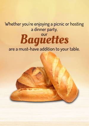 Two golden brown baguettes on a wooden surface with text promoting them for picnics and dinner parties.
