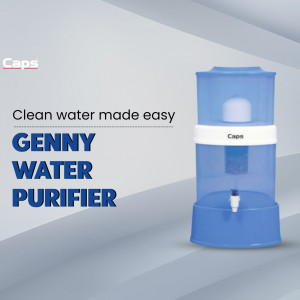 Blue Genny Water Purifier with text overlay