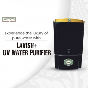 Black and gold Lavish+ UV water purifier with text overlay