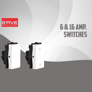 Two B'Five electrical switches, 6 & 16 Amp, in white and black.