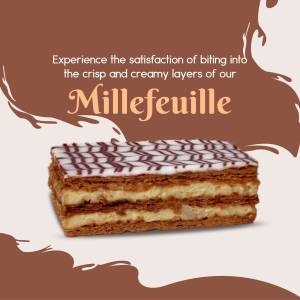 Close-up of a Millefeuille pastry with white icing and chocolate drizzle.