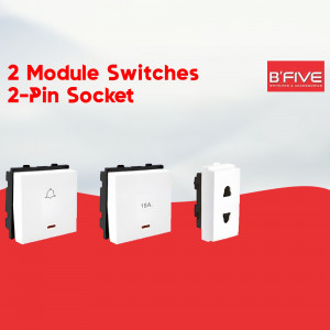 B'Five electrical switches and socket on a red background