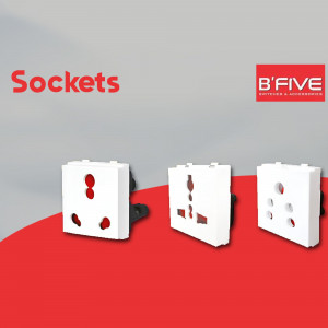 Three white B'Five electrical sockets on a red and grey background