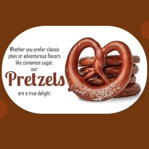 Close-up of a soft pretzel with coarse salt, stacked with other pretzels, and promotional text.