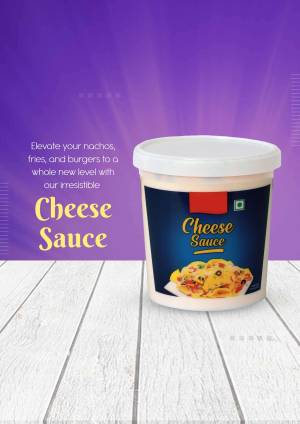 Close-up of a container of cheese sauce with nachos, fries, and burgers mentioned in the background.