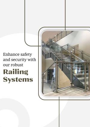 Interior view of a modern staircase with glass and metal railing systems, promoting safety and security.
