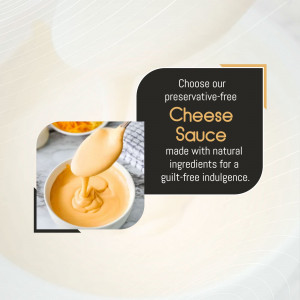 Close-up of creamy cheese sauce being poured into a bowl, promoting a preservative-free product.