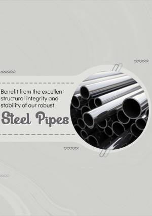 Close-up of stacked steel pipes with promotional text.