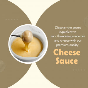 Close-up of golden cheese sauce being scooped, promoting premium quality.