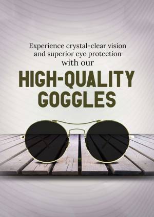 Close-up of black sunglasses on a wooden surface with text promoting crystal-clear vision and eye protection.