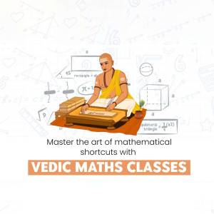 Illustration of a Vedic scholar teaching mathematics with geometric shapes and formulas in the background.