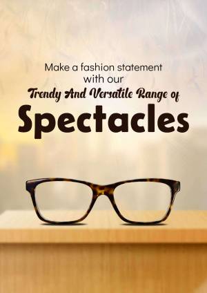 Close-up of stylish spectacles on a wooden surface with text promoting a range of eyewear.