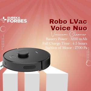Eureka Forbes Robo LVac Voice Nuo robotic vacuum cleaner on a white surface with red background