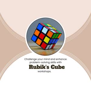 A colorful Rubik's Cube in a circular frame with text promoting workshops.