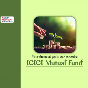Image depicting a hand planting a coin into a stack of coins representing growth and investment with ICICI Prudential Mutual Fund branding.