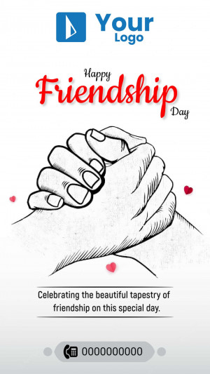 Friendship Day graphic with hands shaking and hearts