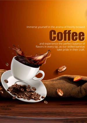 A cup of coffee with coffee beans and a splash, promoting a rich coffee experience.