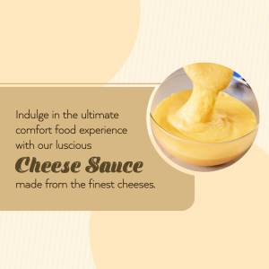 Close-up of creamy cheese sauce in a bowl with text promoting it as a comfort food.