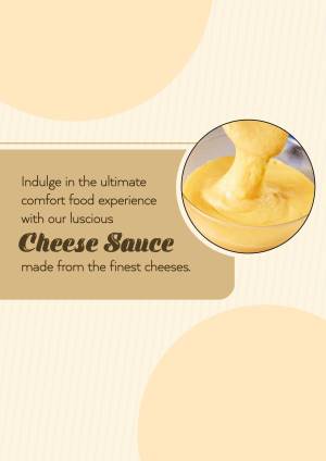 Close-up of luscious cheese sauce in a bowl with a promotional banner.