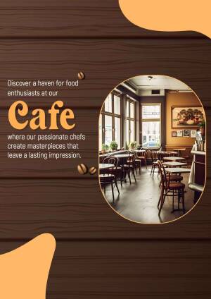Interior view of a warm and inviting cafe with wooden textures and coffee beans.
