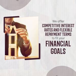 Man holding a house made of blocks with text about competitive interest rates and financial goals.