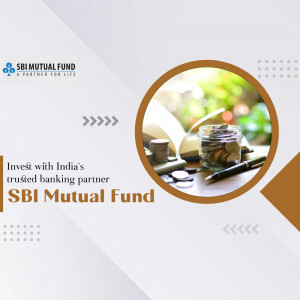 SBI Mutual Fund advertisement with coins and banking partner message