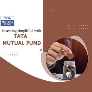 Tata Mutual Fund investment advertisement with a person putting a coin into a jar.