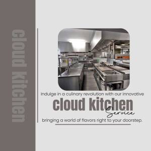 Interior view of a modern, professional cloud kitchen with stainless steel equipment.