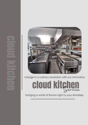 Interior view of a clean, stainless steel commercial kitchen with the text 'Cloud Kitchen' displayed.
