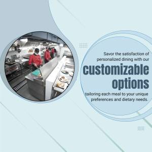 Chefs preparing food in a professional kitchen with text promoting customizable dining options.