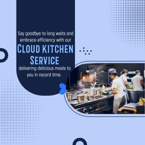 Image promoting a cloud kitchen service with chefs cooking in the background.