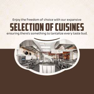 Restaurant kitchen with stainless steel equipment and a banner promoting a wide selection of cuisines.