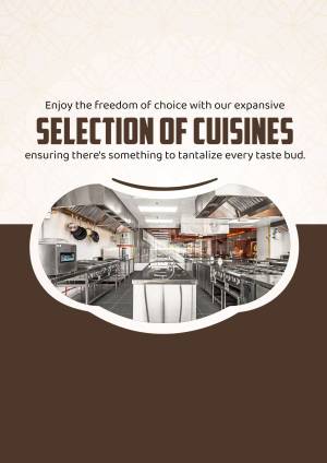 Image of a restaurant kitchen with text promoting a wide selection of cuisines.