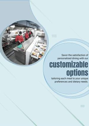 Image of a professional kitchen with chefs preparing food and a display of prepared meals, promoting customizable dining options.