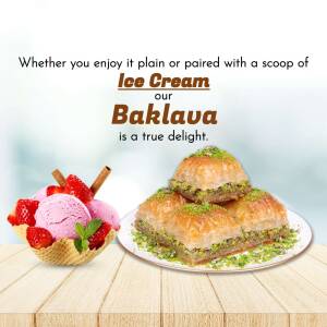 Close-up of baklava and ice cream dessert