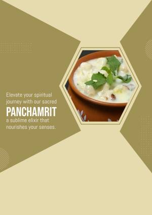 Close-up of Panchamrit in a clay bowl with a decorative hexagon background.