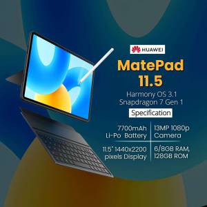 Huawei MatePad 11.5 tablet with stylus and keyboard, showcasing key specifications.