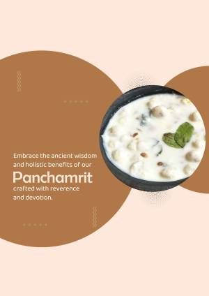 Close-up of Panchamrit in a black bowl with a decorative background.