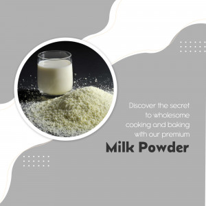 Glass of milk and pile of milk powder with text promoting premium milk powder
